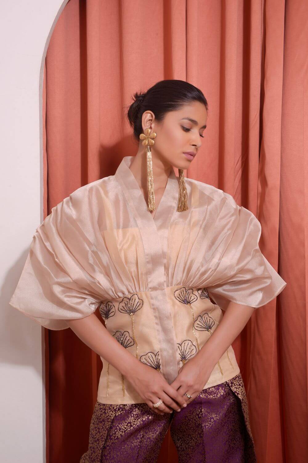 Organza Gathered Shirt With Pleated Pants Set