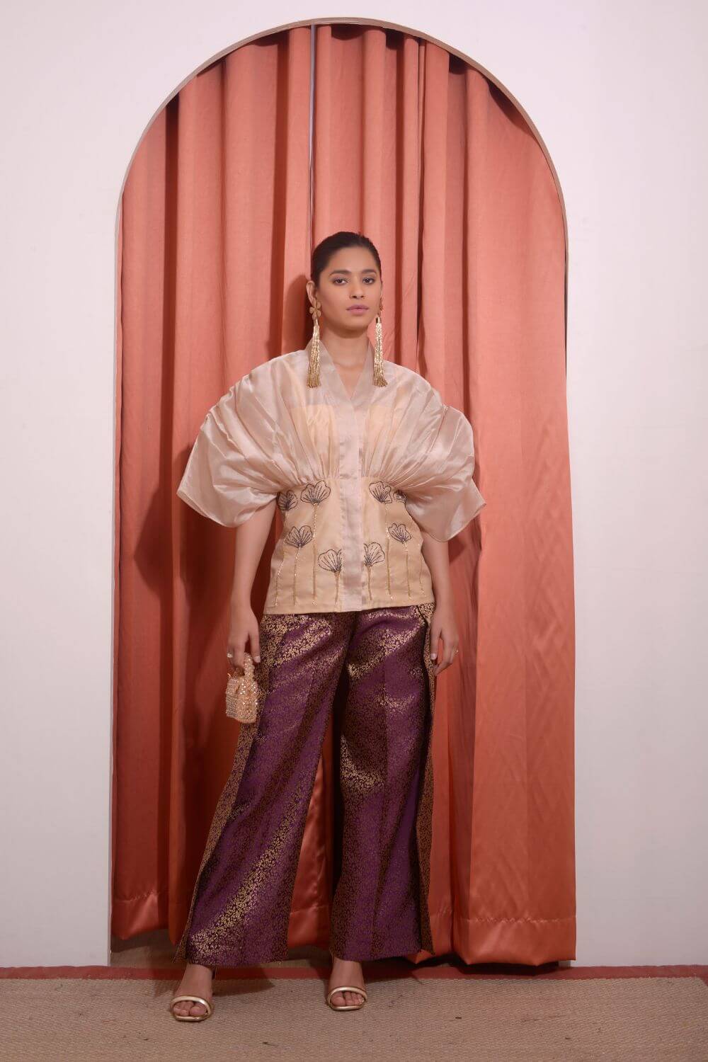 Organza Gathered Shirt With Pleated Pants Set