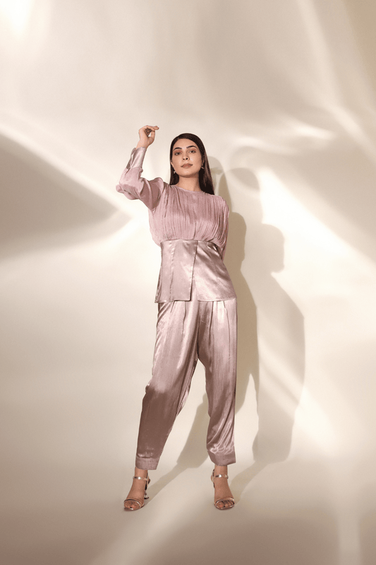 Satin Panelled Blouse With Trousers Set