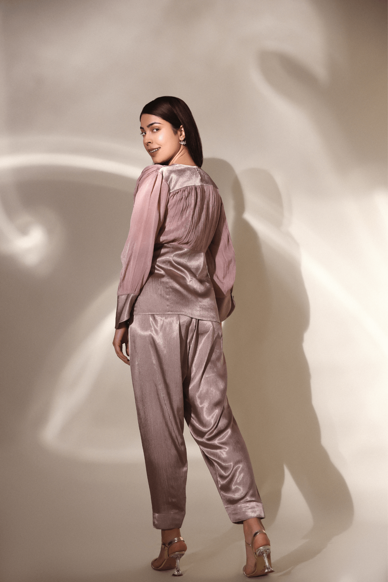 Satin Panelled Blouse With Trousers Set